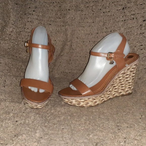 COACH-HIGH ESPADRILLE WEDGE SANDAL-STYLE# FG2110-Brown Leather-Sz 10B-NWOB - Picture 1 of 12